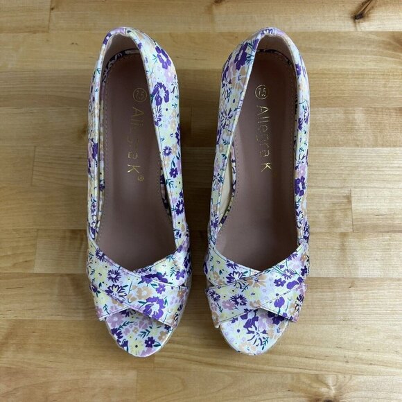 Allegra K White Purple Floral Peep Toe Platform Pumps Wedge Sandals Size 7.5 - Picture 2 of 11